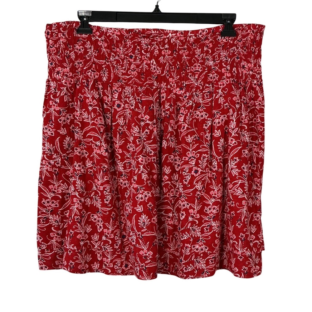 J. Jill Red Floral Smocked Waist Cotton Mini Skirt XL Floral Print Tiered Casual